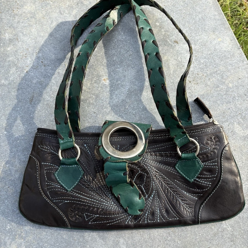 VTG LEADERS IN LEATHER Hand Tooled Green Black Shoulder Bag Purse Paraguay Boho